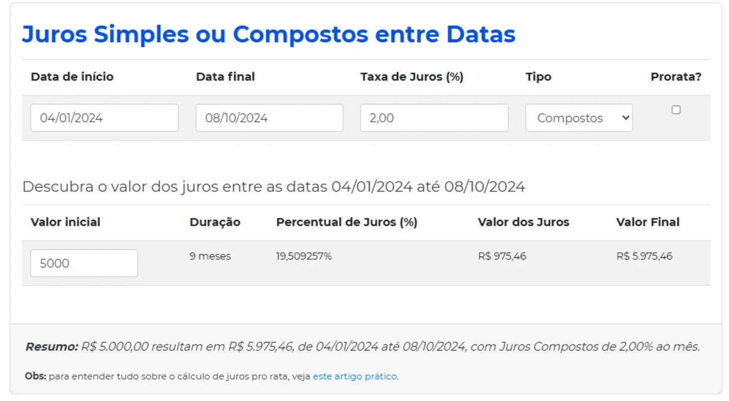 Simulação calculadora Juros Simples e Compostos entre datas