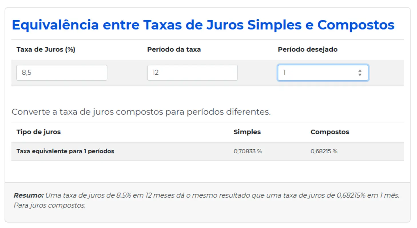 Simulação calculadora Juros Simples e Compostos em equivalência