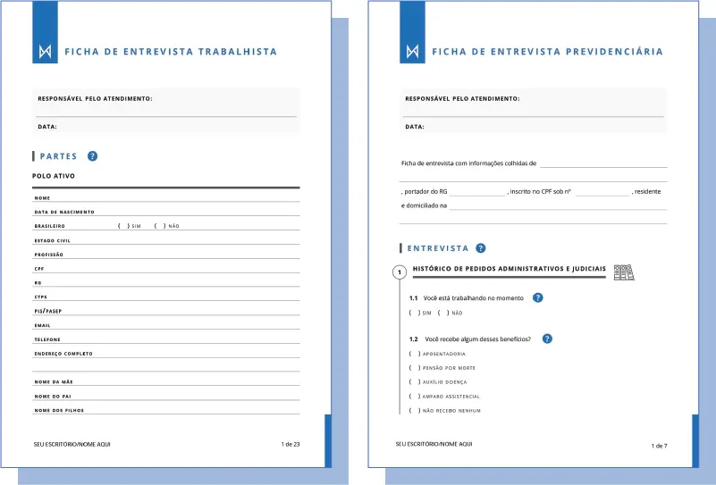 Fichas de Entrevista Previdenciária e Trabalhista