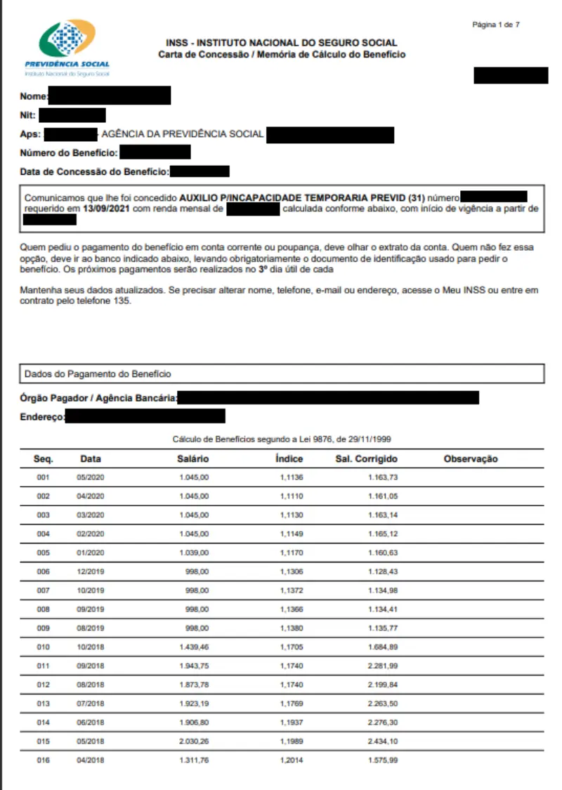 Modelo de carta de concessão do INSS