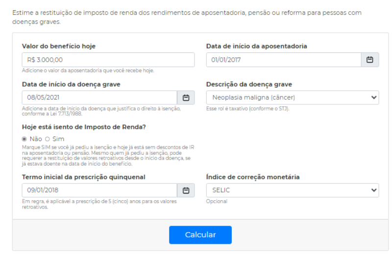 Como calcular restituição de imposto de renda para pessoas com doença grave