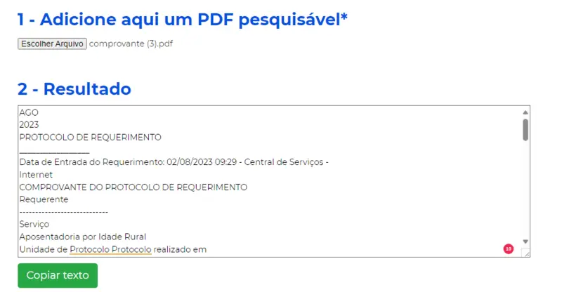 Exemplo de extração de dados de PDF pesquisável