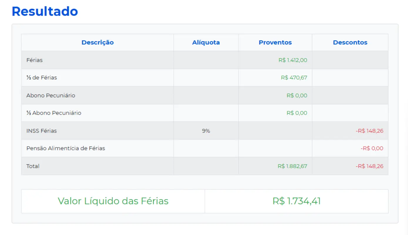 Resultado do cálculo de férias sobre salário mínimo