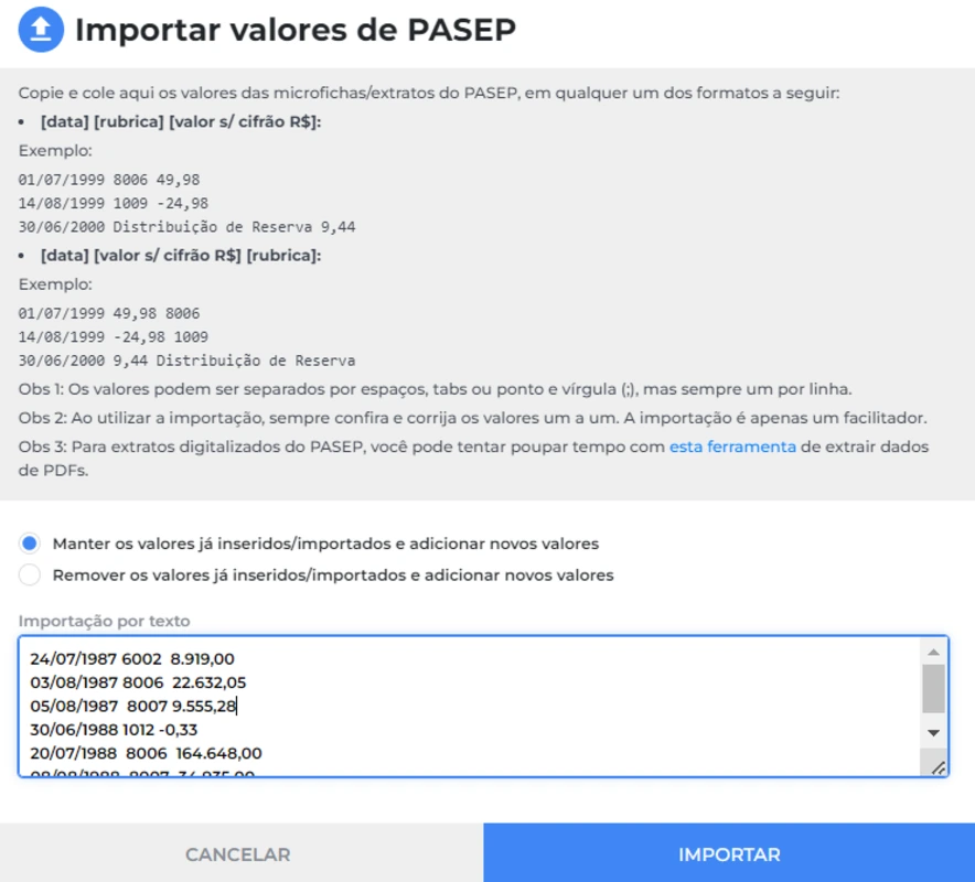 Importar valores de PASEP