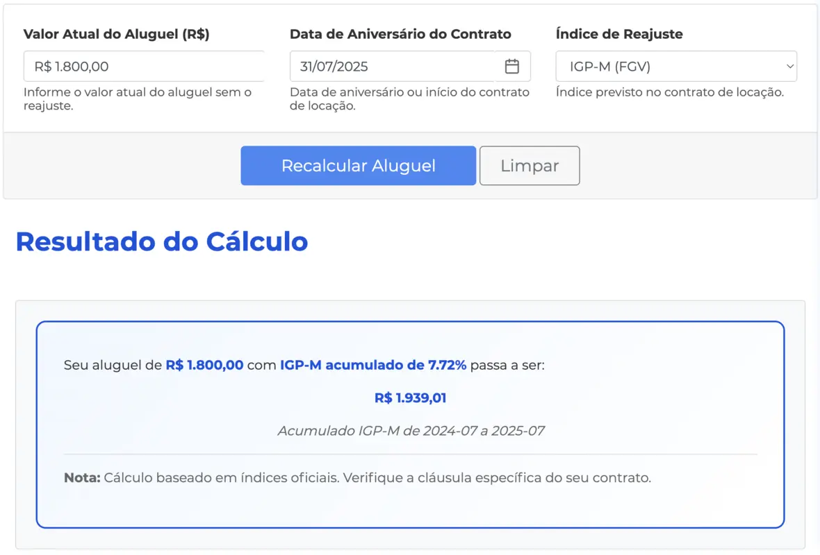 Exemplo prático de cálculo de reajuste Índice IGPM