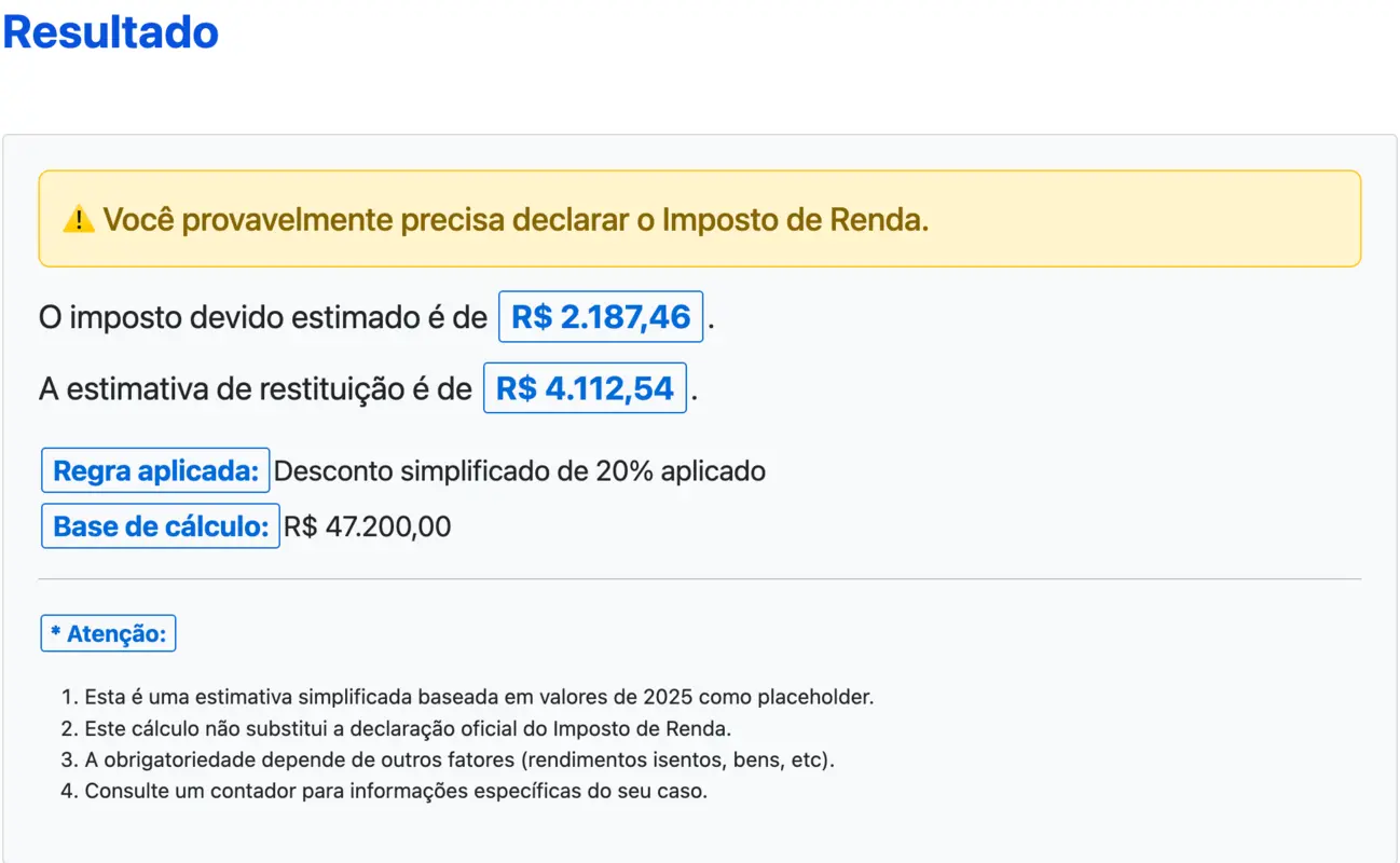 Resultado Cálculo de Imposto de Renda