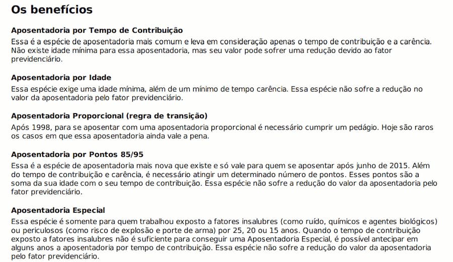 exemplo de explicação de benefícios aposentadoria