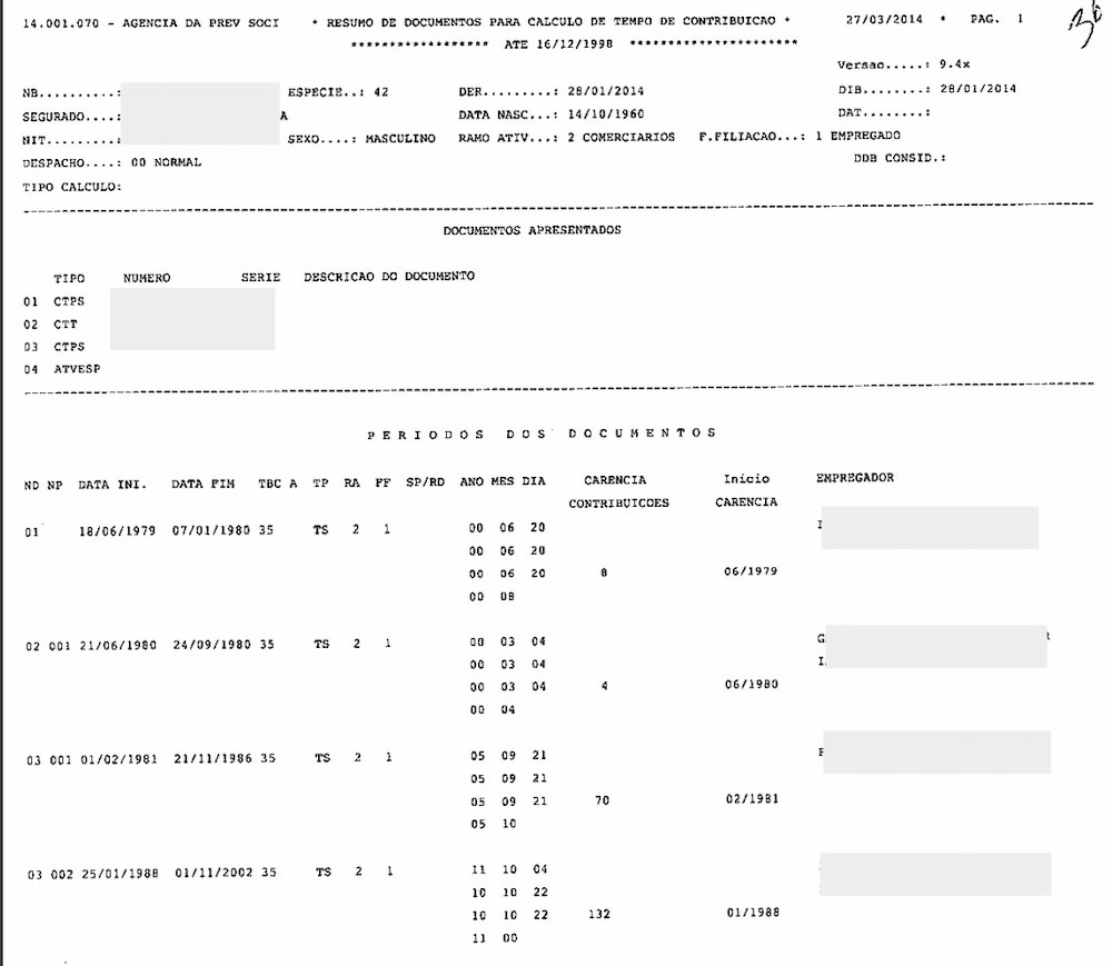 Exemplo de tempo de contribuição do INSS