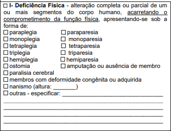 Imagem em preto e branco que descreve quais são as incapacidades físicas destacadas no decreto