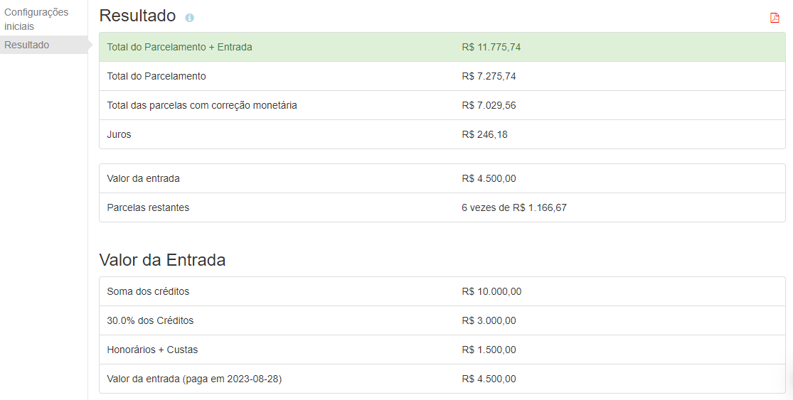 Relatório do plano de pagamento