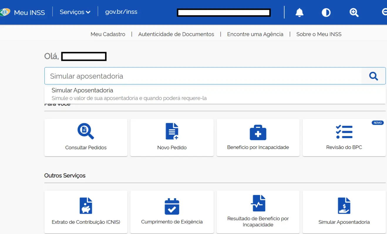 Página inicial do Meu INSS do Simulador de aposentadoria