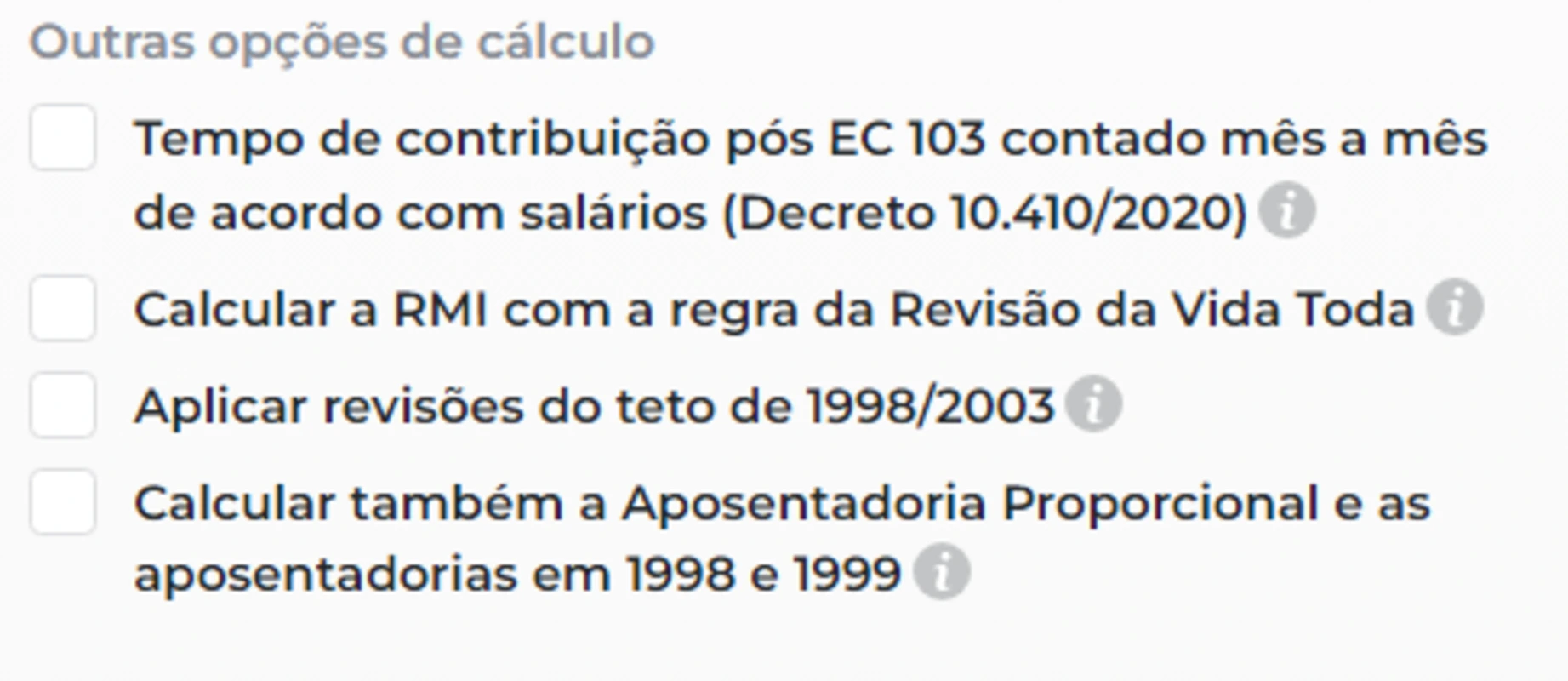 Preencher outras opções de cálculo