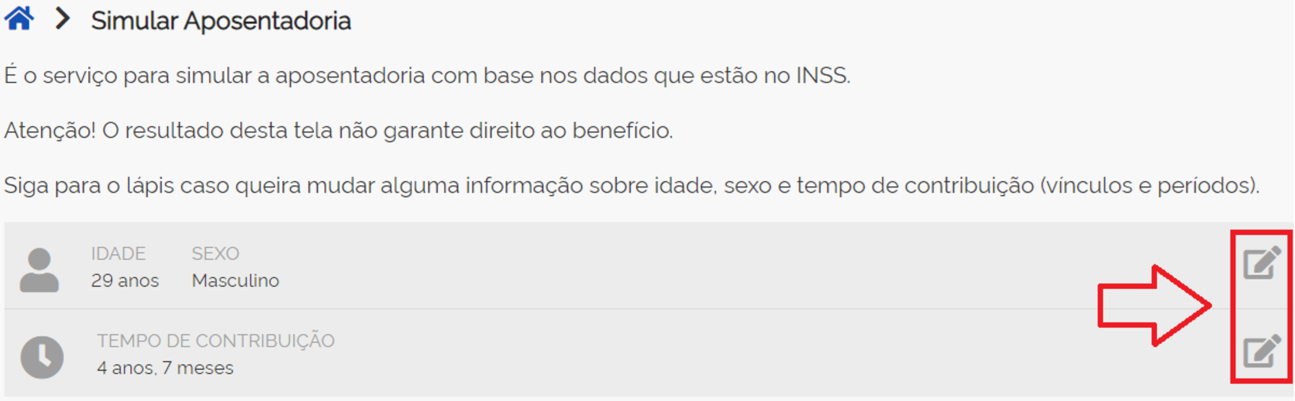 Página do Meu INSS Simulador aposentadoria editar dados