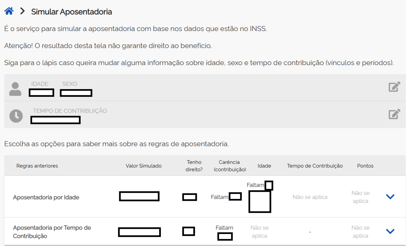 Página Meu INSS do Simulador de aposentadoria preenchimento dos dados