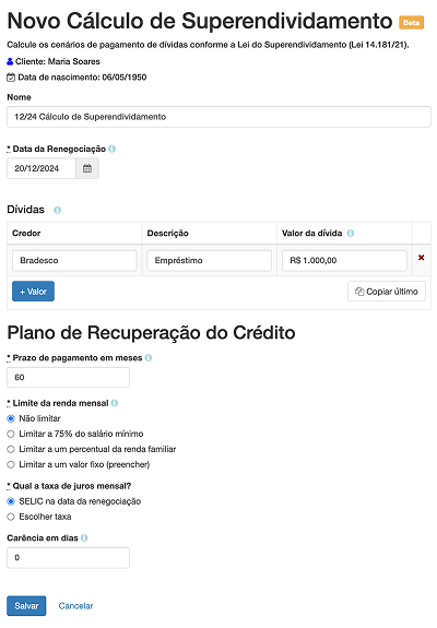 Novo cálculo de Superendividamento